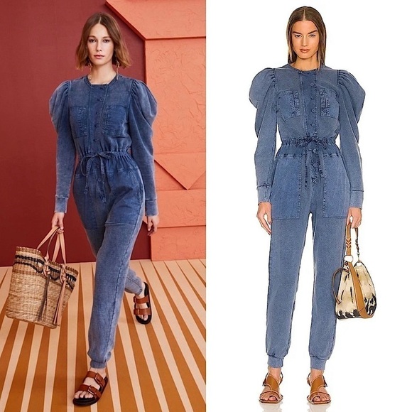 ULLA JOHNSON Puff Shoulder Long Sleeve Button Front Drawstring Waist Jumpsuit XS - Picture 1 of 12